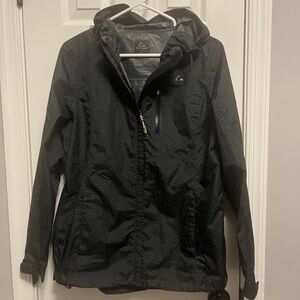 Women’s Paradox Rain Coat Hooded Black With Poka Dots Size L Light Weight